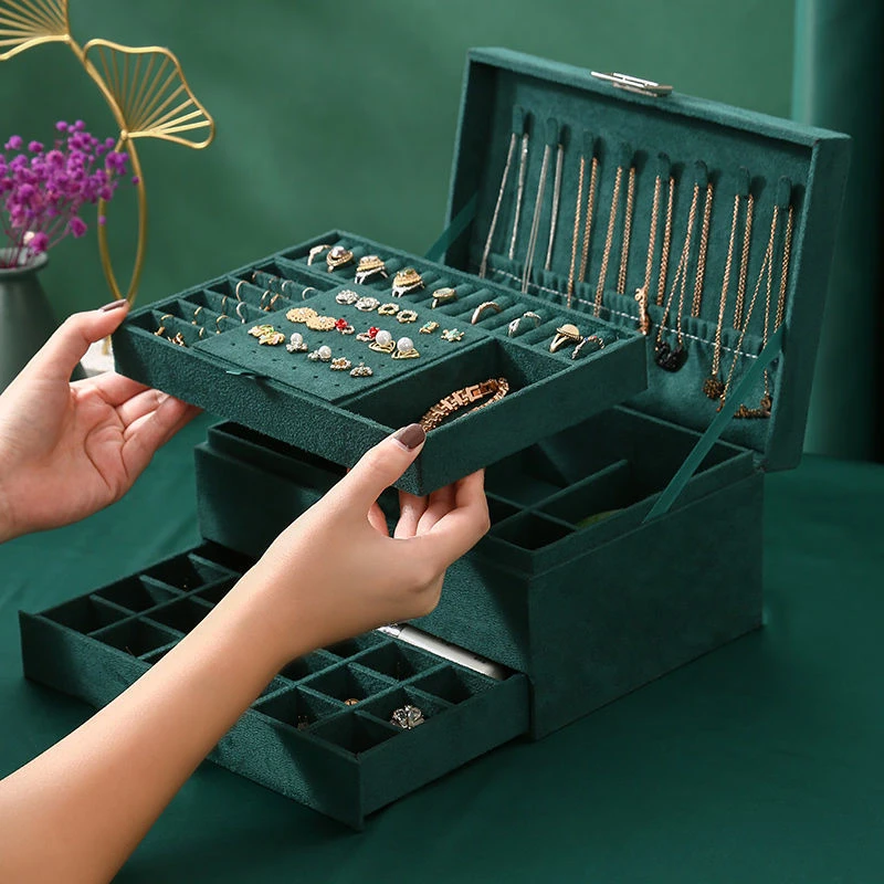 双层带锁饰品盒耳钉耳环首饰盒耳饰盒手饰品收纳盒大容量