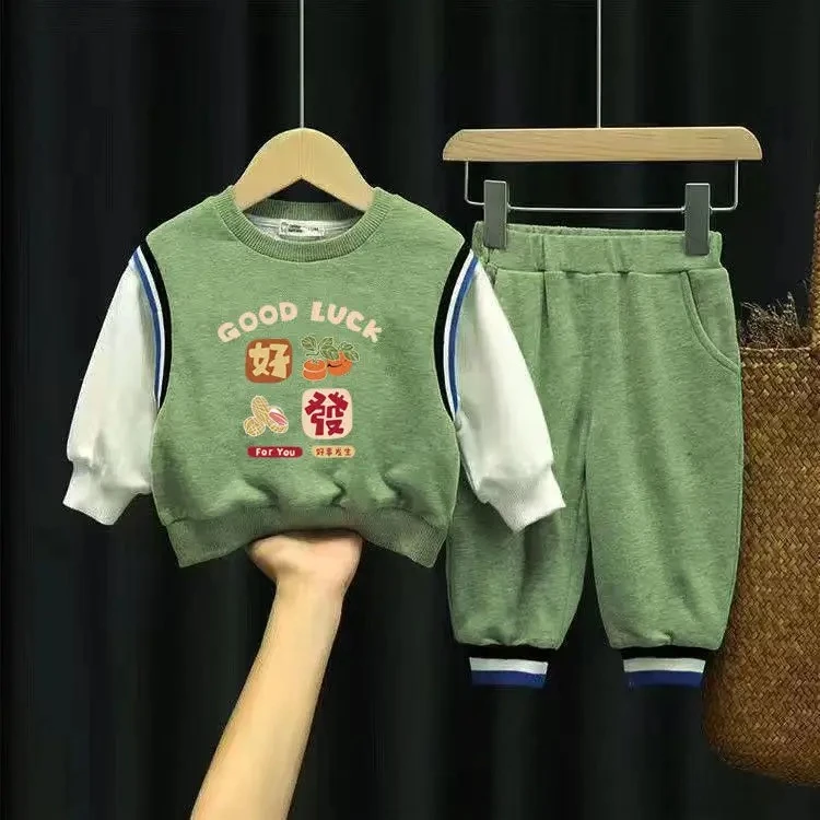 2024新款儿童套装春秋薄款男童卫衣女童宝宝时尚外穿洋气两件套潮