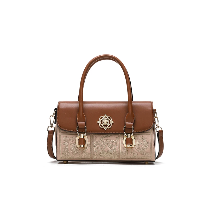 2024上新时髦复古刺绣手提单肩斜挎包K-3215卡其色