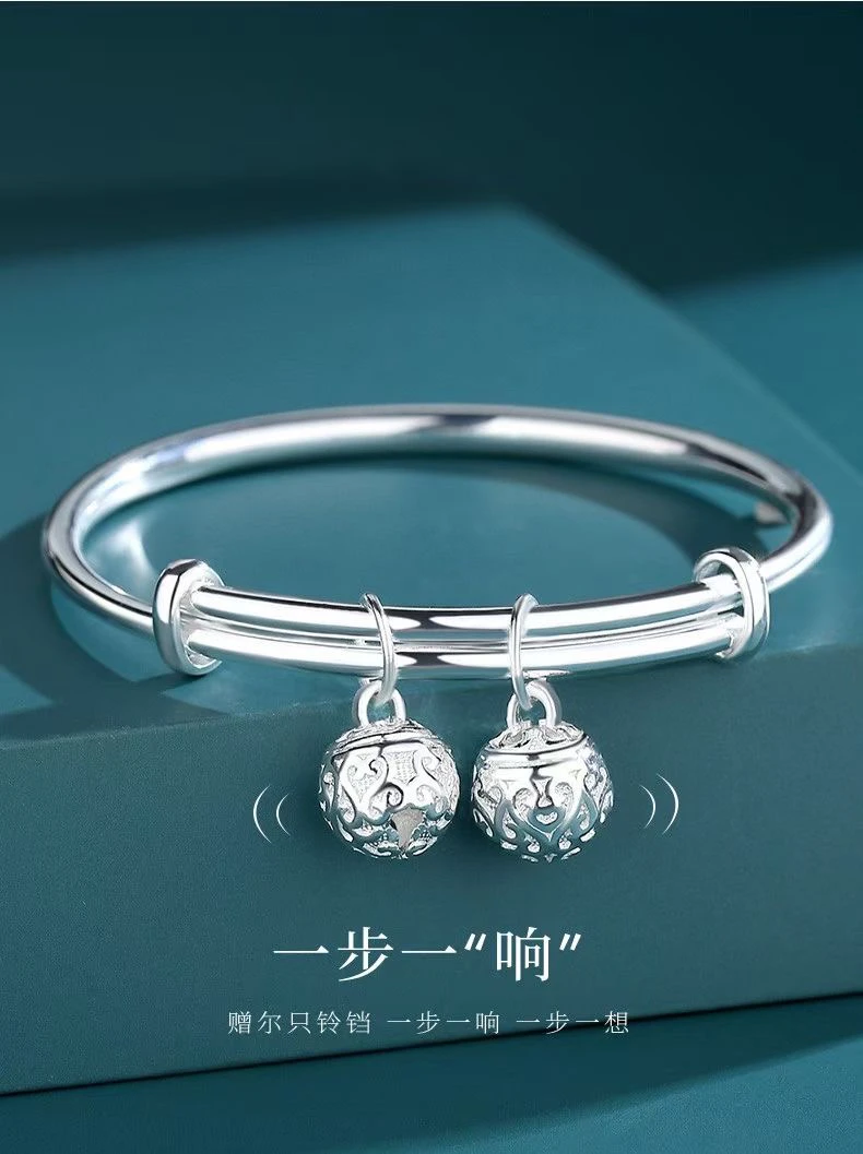 足银手镯 一步一响纯银手镯女9999铃铛实心镯子七夕礼物送女友