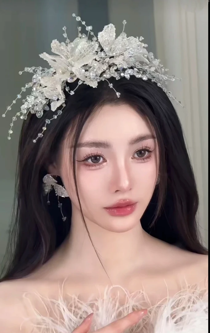 福利款水钻花朵婚礼头饰对花发夹耳环套装精致新娘头花旅拍配饰