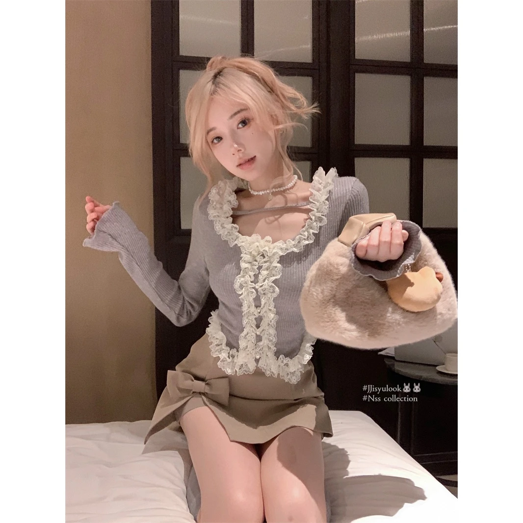 新款辣妹性感女法式短款蕾丝拼接针织衫长袖上衣+套装感半身短裙