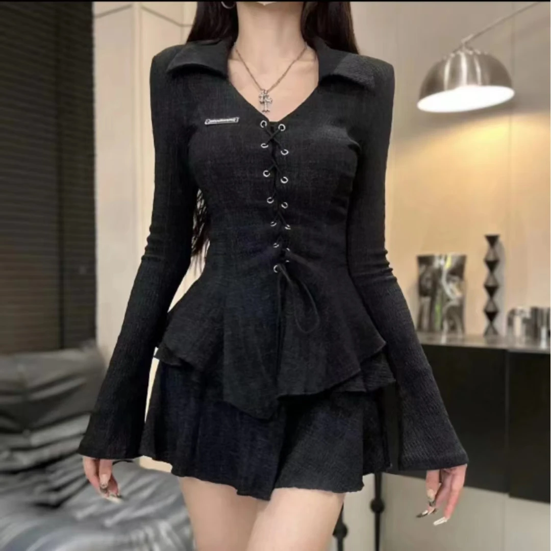 琪琪推荐法式复古不规则V领收腰上衣＋百搭显瘦短裙