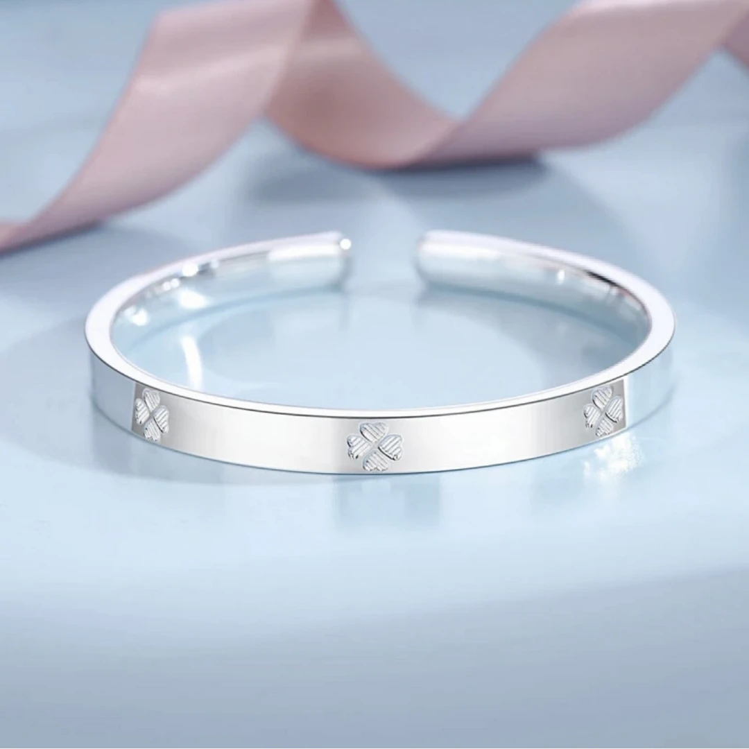 足银手镯 足银999.9四叶草实心女纯银镯子简约百搭送女友礼物644