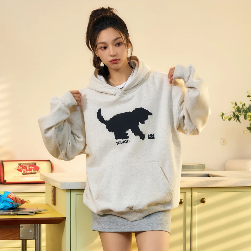TGWALL「像素猫」发泡趣味印花国潮情侣休闲宽松连帽衫卫衣韩版时尚