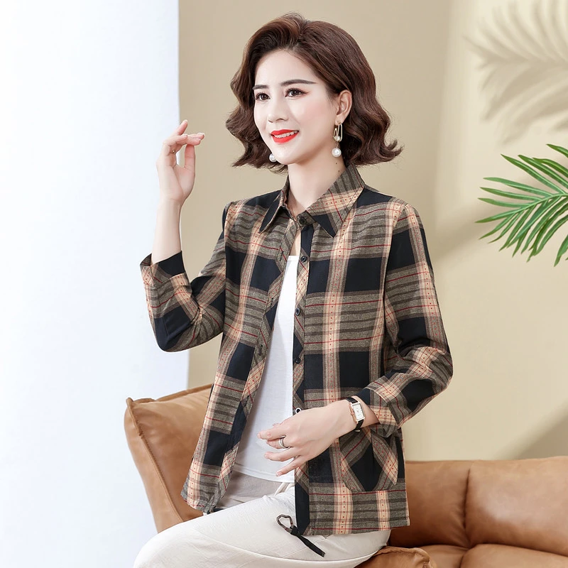 2023年新款春款衬衣女长袖洋气格子打底衫中老年女装中年妈妈衬衫
