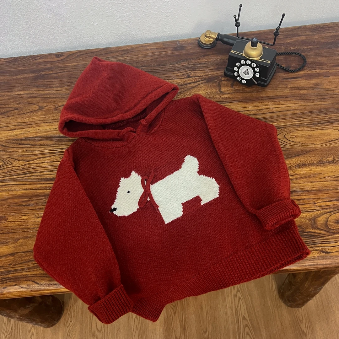 儿童秋冬新款韩版连帽狗狗毛衣针织衫卡通时尚厚款宽松儿童毛衣