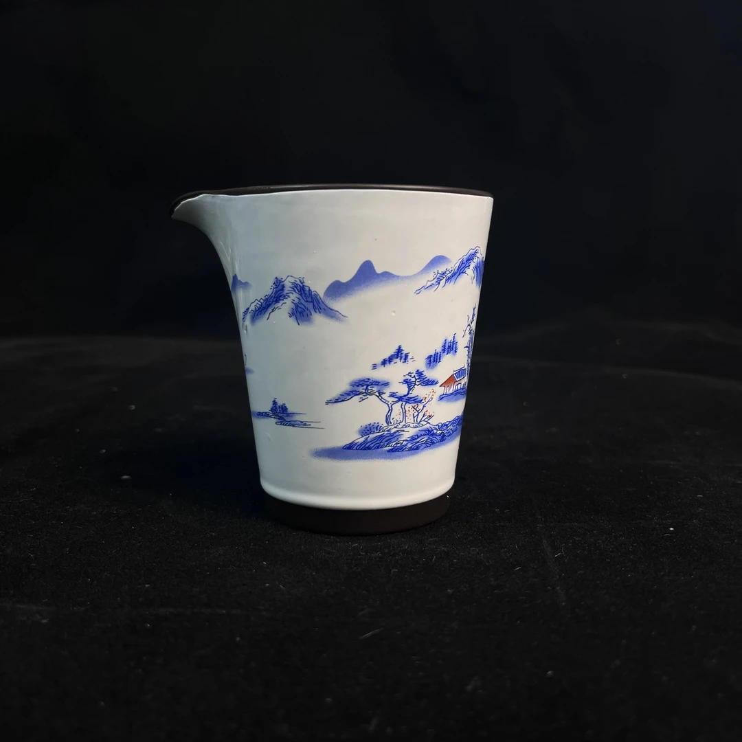 紫砂紫泥青花山水手抓鹰嘴公道杯茶周边茶道器具（紫千宏）