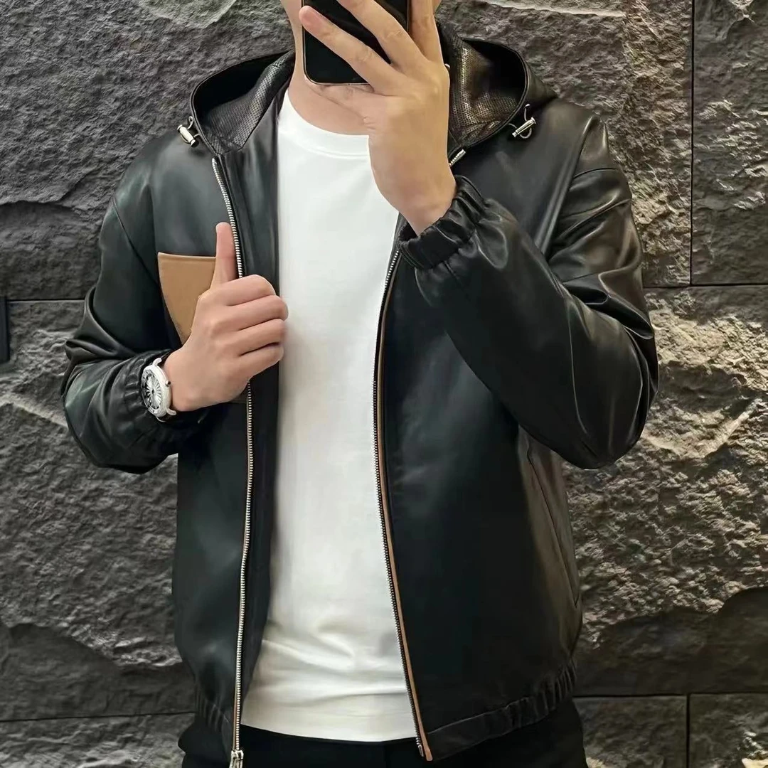 新款高端男士潮流百搭个性袋口休闲连帽皮衣2349