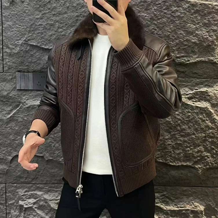 新款高端男士潮流百搭个性水貂毛领休闲拼皮鹅绒连帽夹克