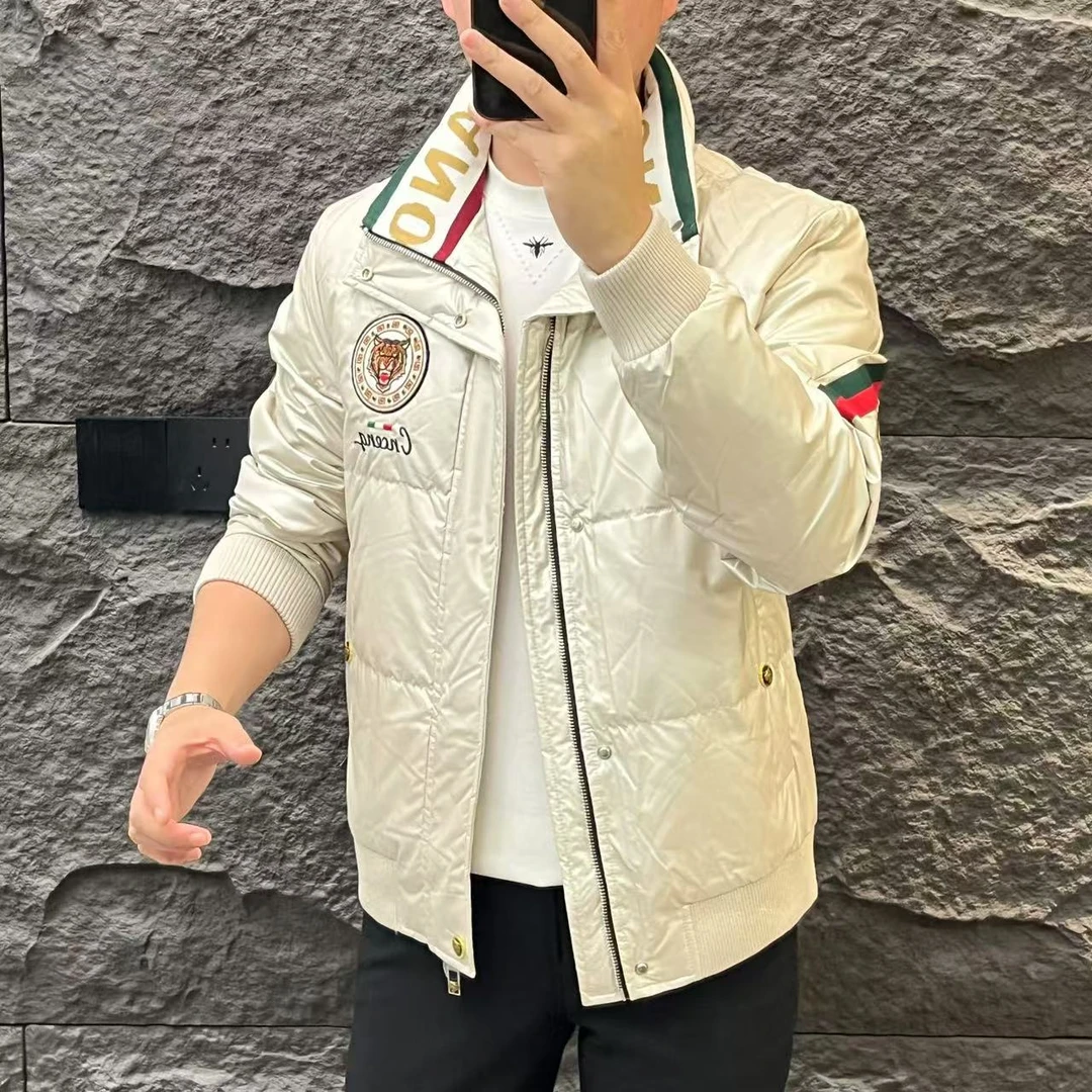 新款高端男士潮流百搭个性了老虎图案休闲半高领羽绒服2306