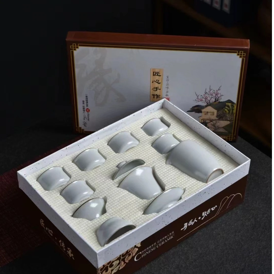 月白汝窑开片可养茶具茶杯陶瓷简约瓷盖碗手工家用三才中式礼盒装