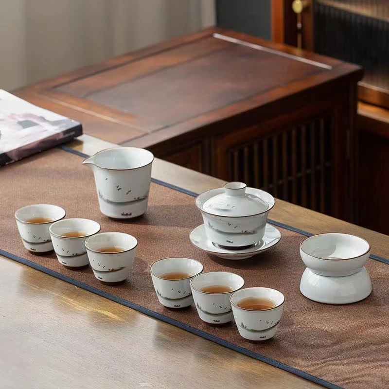 官窑大雁南飞陶瓷礼盒装茶具家用轻奢高档白瓷简约中式三才精美