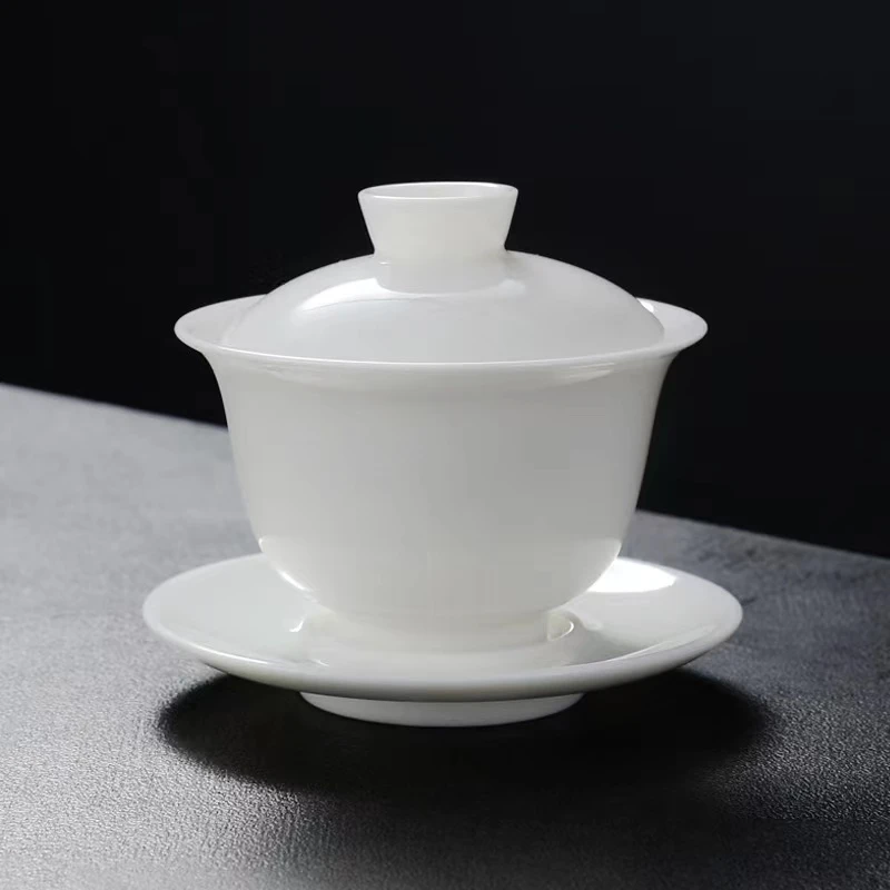 纯白高白瓷盖碗象牙白茶碗瓷盖碗简约带盖茶盖碗纯手工陶瓷泡茶碗