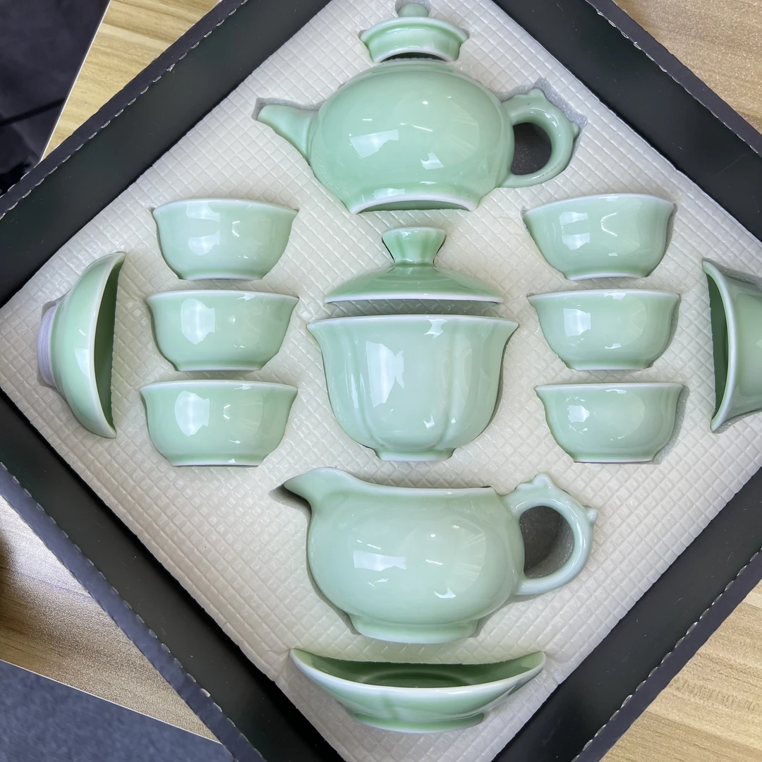 青瓷茶壶盖碗套装陶瓷精美创意礼盒装茶具简约中式三才瓷盖碗