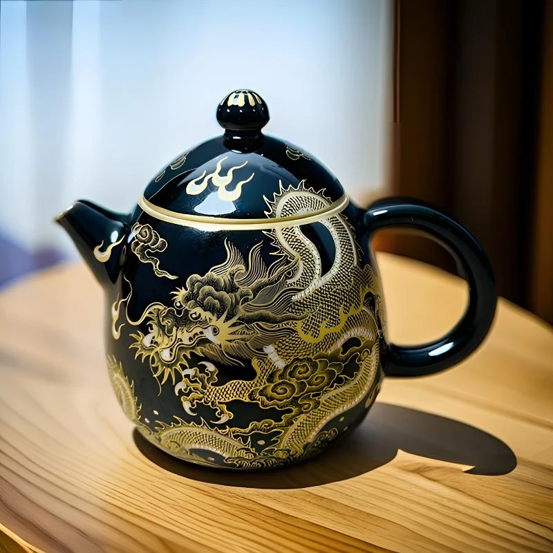 景德镇错金银苍龙教子乌金釉全手工龙蛋瓷壶高端茶器国礼瓷收藏品