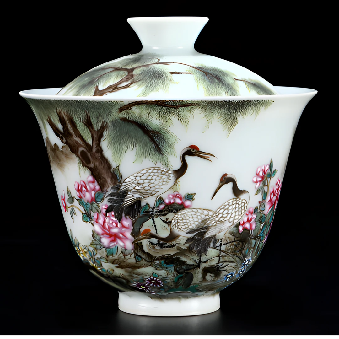 景德镇粉彩松鹤同寿盖碗全手工手绘  高档  珐琅彩  中式茶盖碗