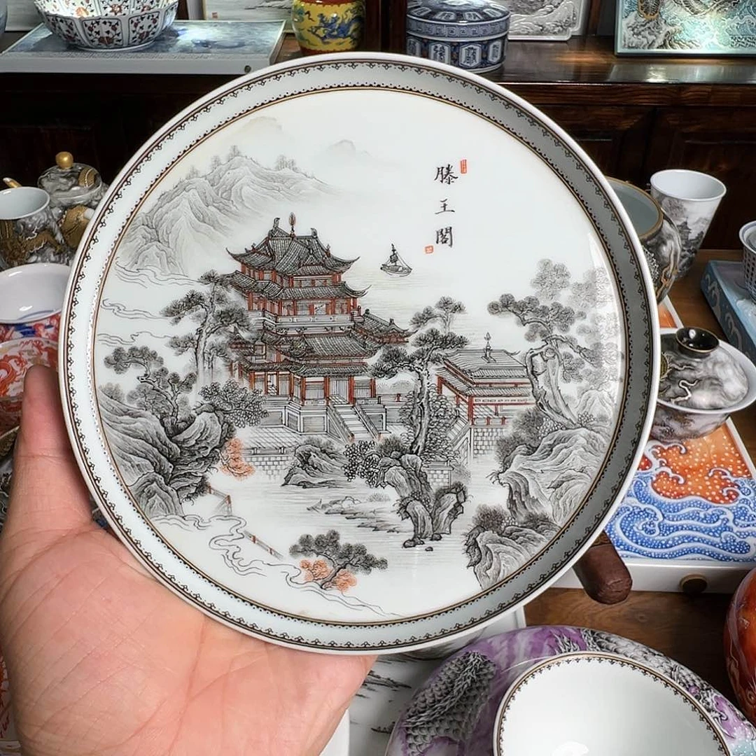 墨彩山水滕王阁壶承