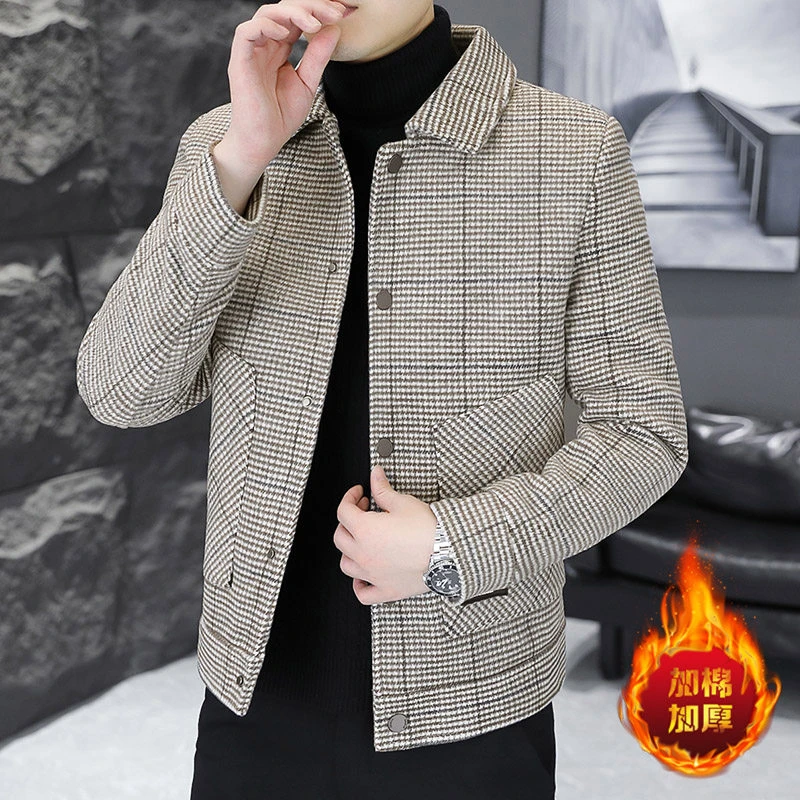 冬季新款男士毛呢大衣加棉韩版时尚潮流休闲百搭保暖毛呢男外套