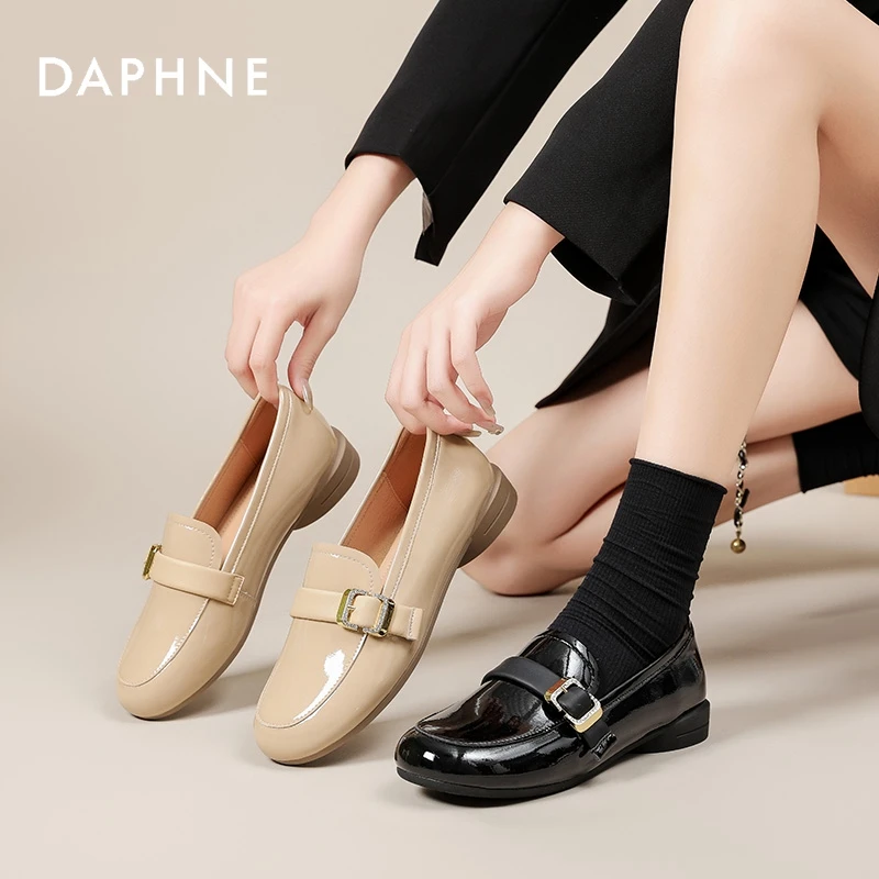 Daphne/达芙妮2024春秋季新款圆头乐福鞋百搭时尚真皮平跟软底
