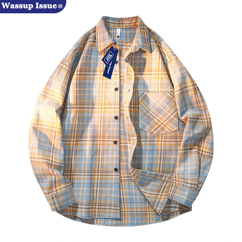 WASSUP ISSUE美式格子衬衫男士春秋翻领复古宽松潮流上衣外套情侣