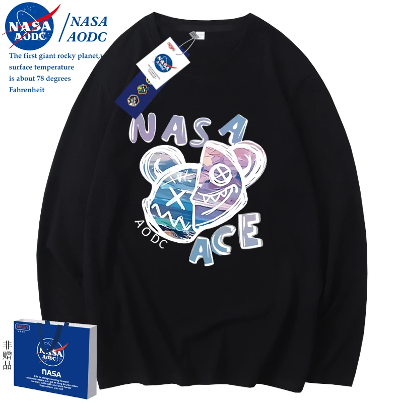 NASAAODC联名上衣t恤男女春秋潮牌潮流纯棉宽松情侣衣服男生长袖