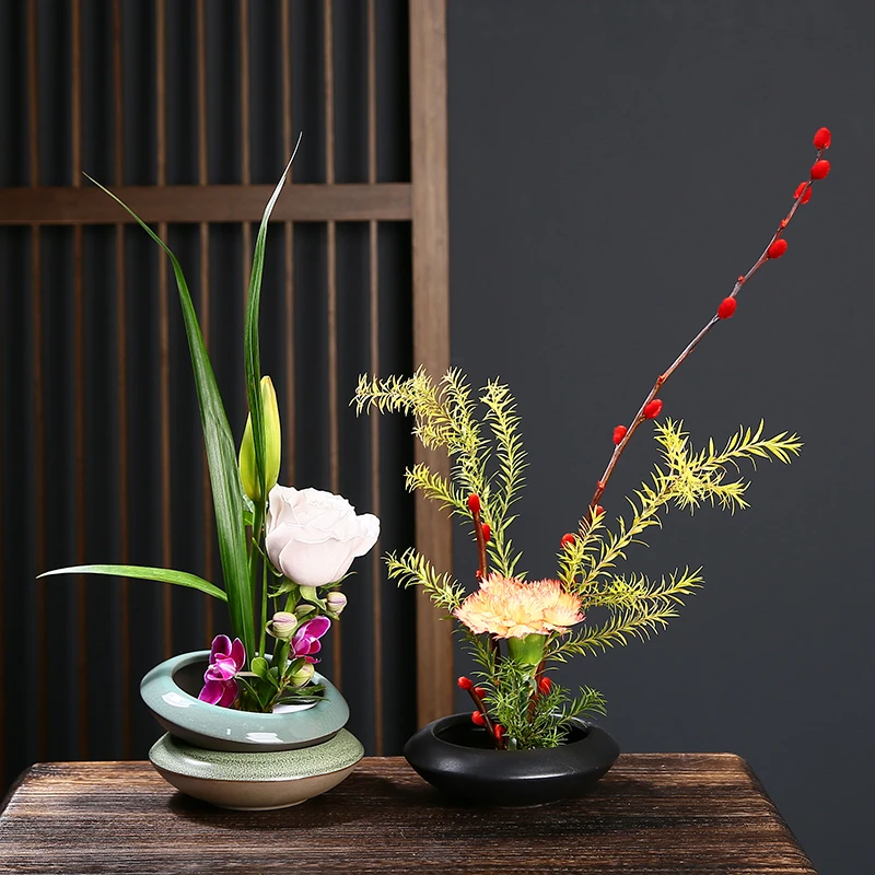 剑山中式插花器皿陶瓷花盆2021新款插花日式花盘小原流底座盆景盆