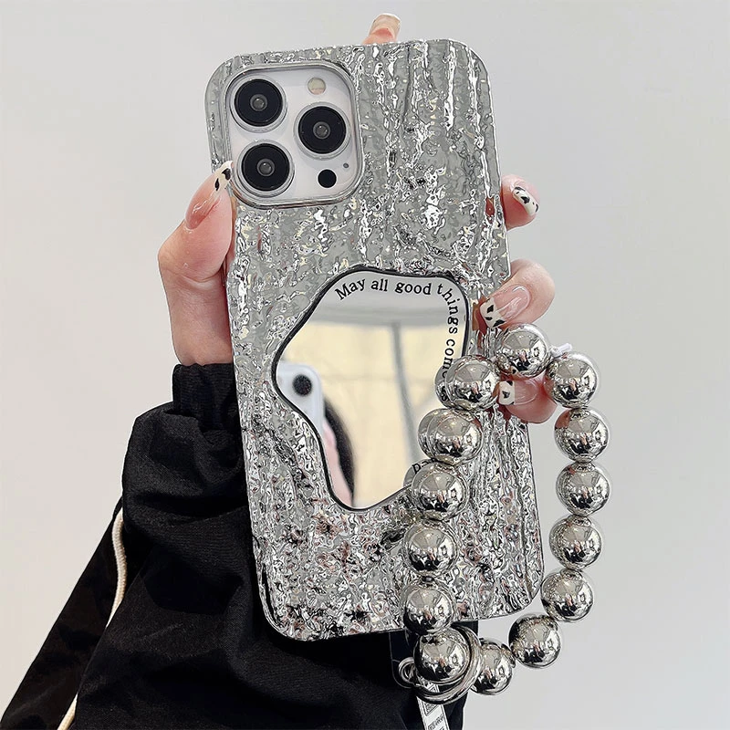 网红褶皱岩石纹镜面适用苹果华为小米oppovivo全包高颜值手机壳女