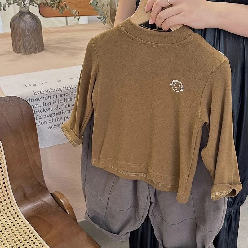 男女童弹力加绒打底衫2023秋季韩版儿童半高领刺绣T恤女童内春秋