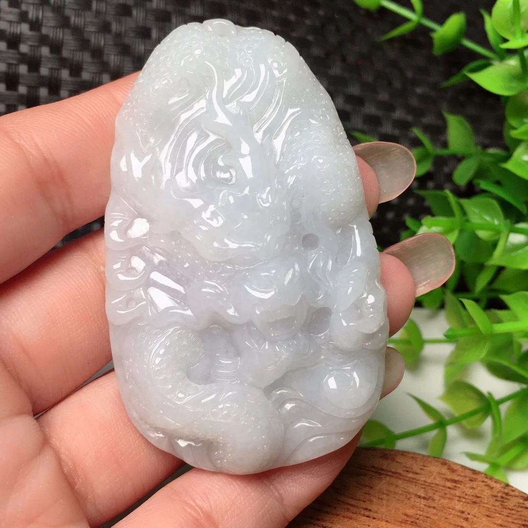 天然a货翡翠老坑种霸气龙吊坠 纯手工雕刻双面龙牌挂件