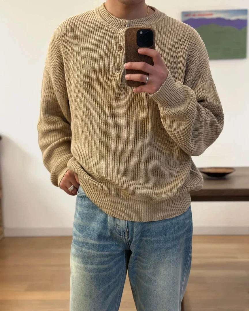 FMKSFMKS“19800版”L*p 纯色纽扣圆 领针织衫