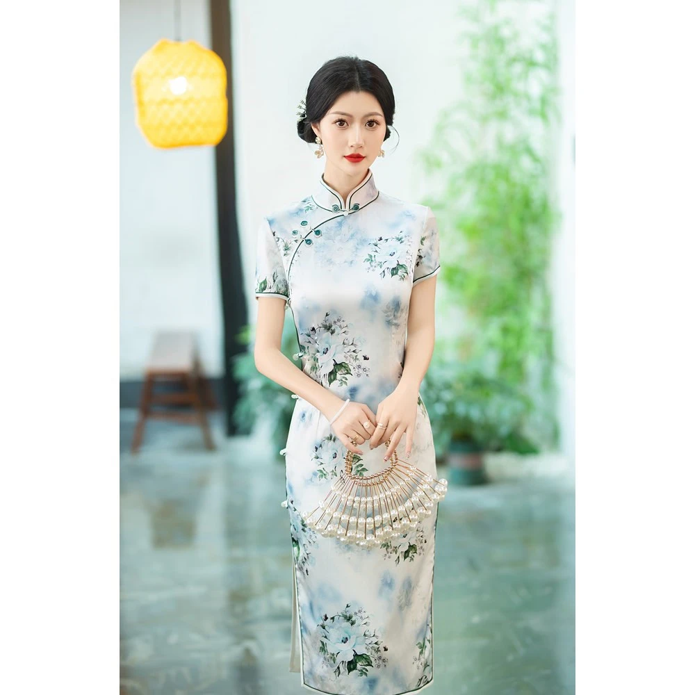 高端真丝旗袍女2024夏季年轻款短袖复古改良桑蚕丝连衣裙气质优雅