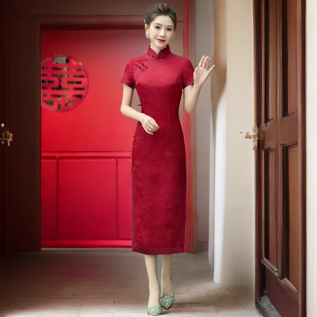 高端红色喜婆婆旗袍2024新款夏改良新中式桑蚕丝喜妈妈婚宴装礼服