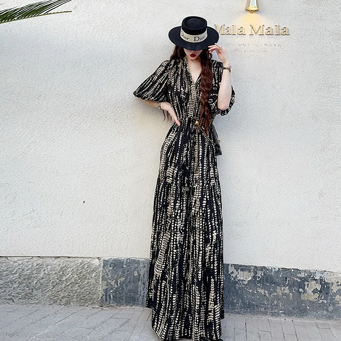 清仓捡漏反季 高个子加长款气质V领及踝大码宽松胖mm抽绳收腰长裙