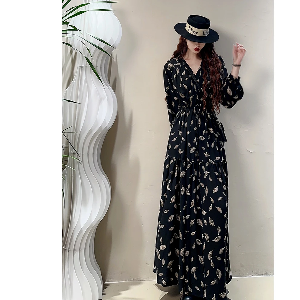 高个子长裙气质到脚踝加长法式雪纺碎花连衣裙宽松大码微胖mm显瘦