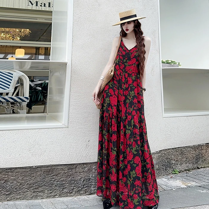 孤品断码清仓捡漏加长款及踝度假风飘逸碎花吊带裙显瘦大摆连衣裙