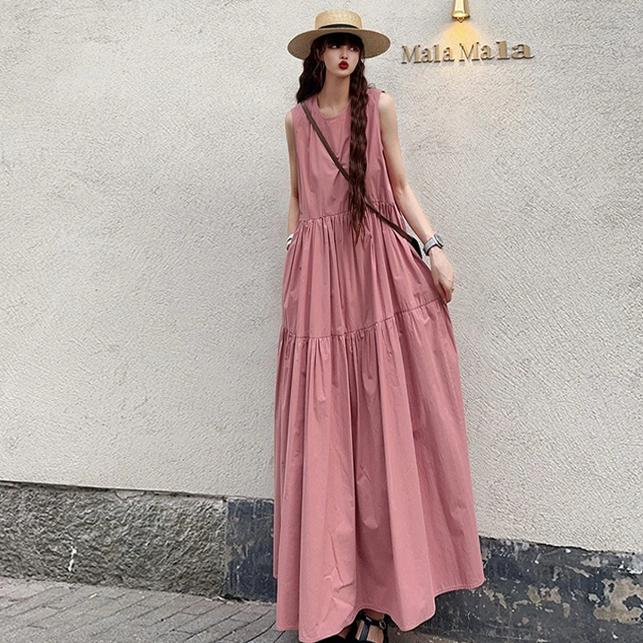 温柔甜美纯棉A字板宽松遮肉无袖背心裙长款度假风怀旧复古连衣裙