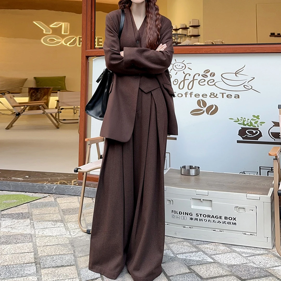 秋冬新款羊毛宽松极简风西装外套2024阔腿直筒休闲裤显瘦OL风百搭