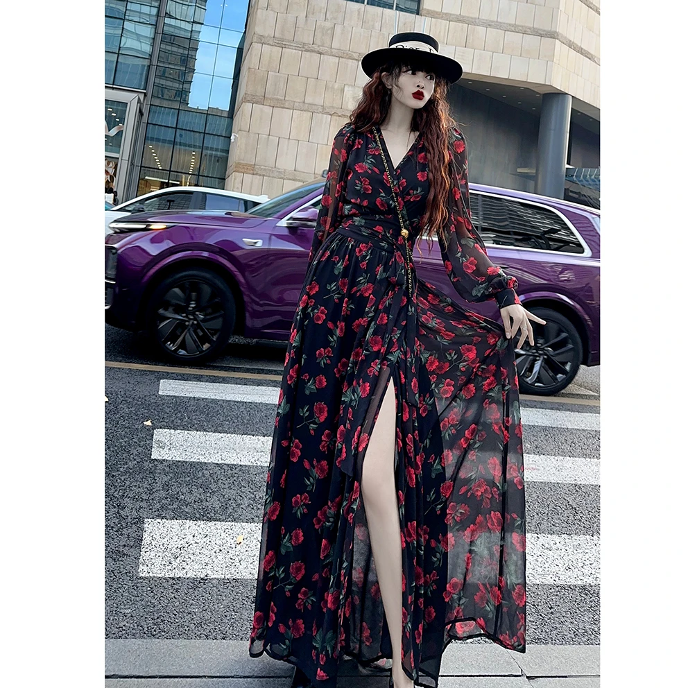 高个子加长款法式及踝连衣裙2024年新款一片式交叉绑带女人味长裙