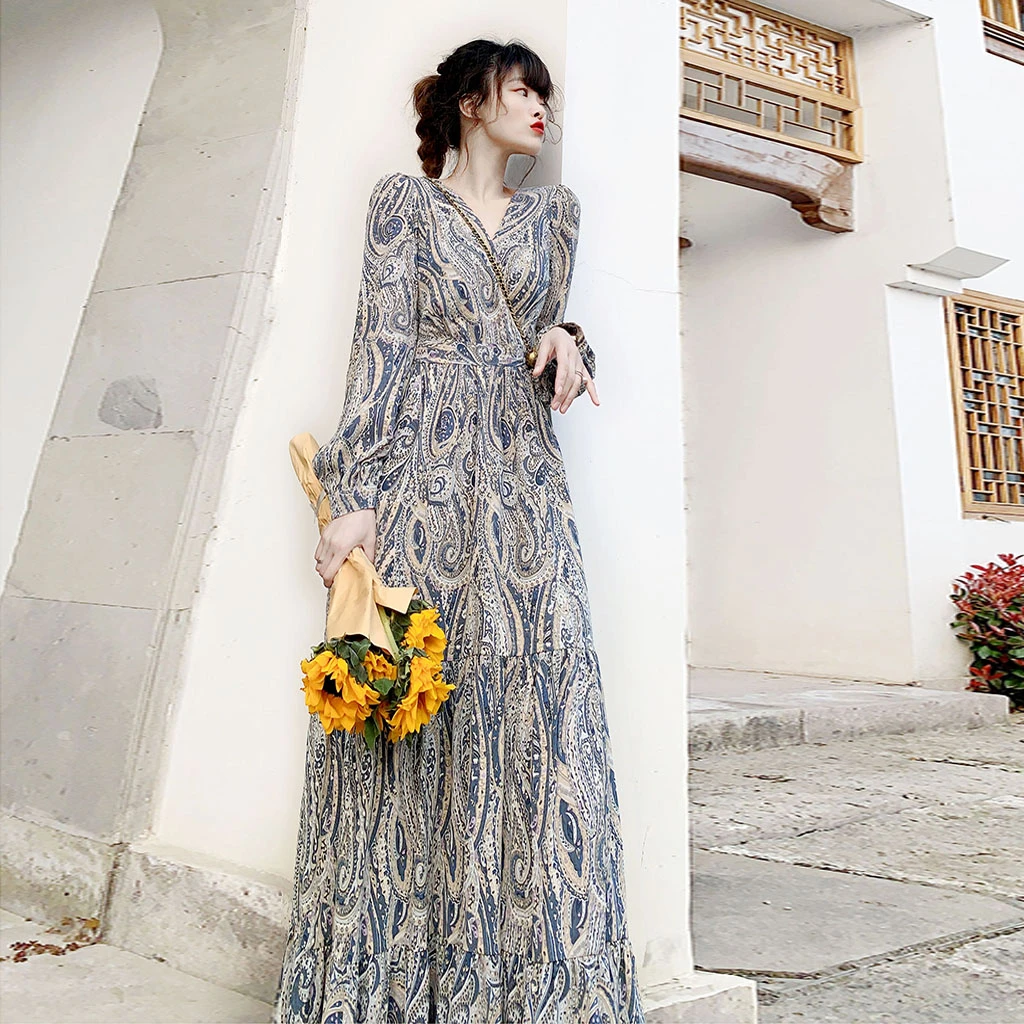 孤品捡漏清仓 雪纺复古碎花长袖收腰显瘦遮肚气质打底裙连衣裙