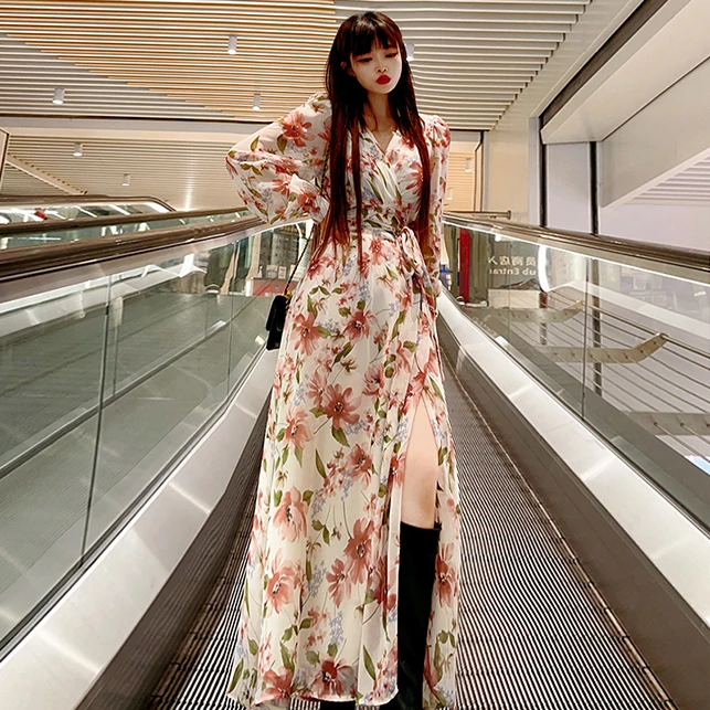 孤品捡漏 法式轻熟风连衣裙女装新款一片式交叉绑带开衩打底长裙