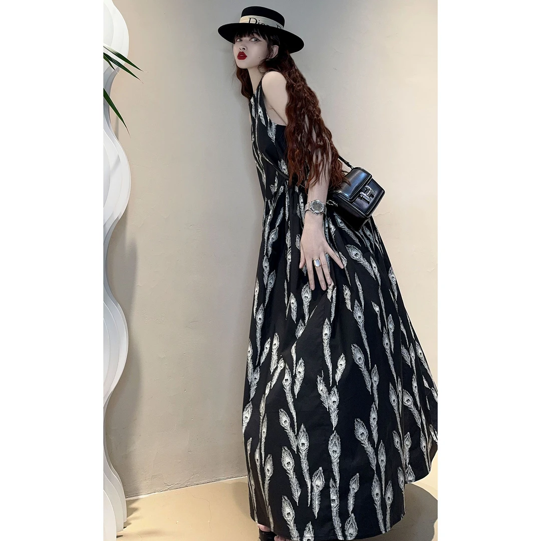 夏季纯棉印花韩版宽松长款连衣裙a字大摆文艺休闲背心裙时尚减龄