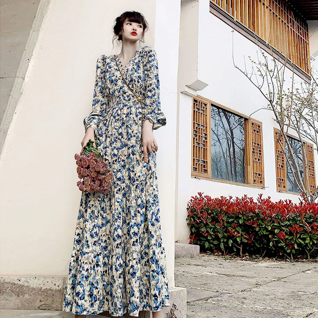 孤品捡漏清仓法式油画风温柔碎花及踝连衣裙长袖收腰显瘦打底长裙
