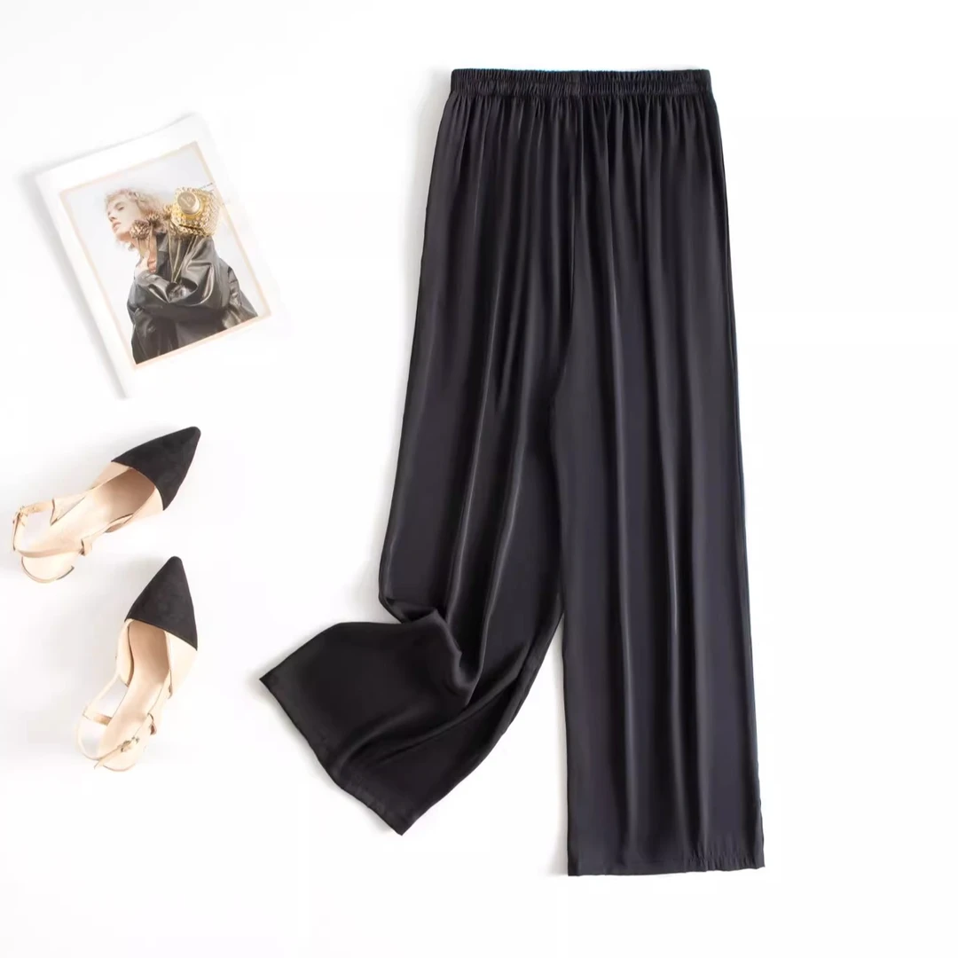 夏季新款桑蚕丝女士大码时尚透气松紧外出居家九分裤长裤黑色