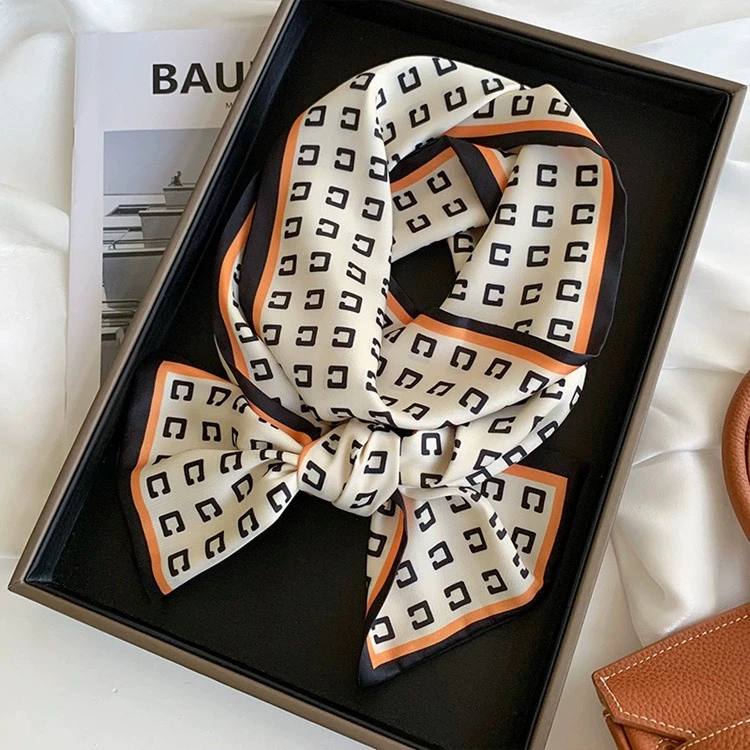 桑蚕丝丝巾百搭锯齿纹双层真丝围巾长条领巾飘带披肩气质双面橘色