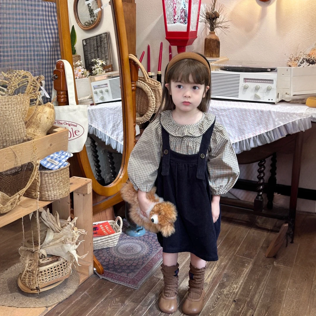 童装春秋新款女童套装可爱格子衬衫娃娃衫背带裙女宝宝两件套时髦