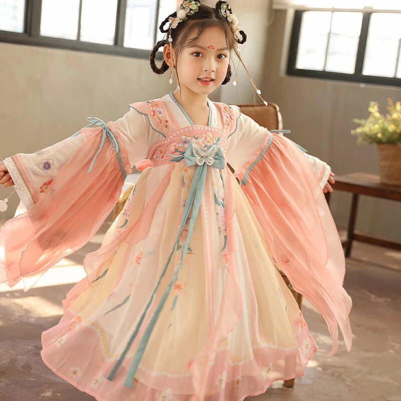 女童汉服2025春秋季新款中国风刺绣连衣裙蝴蝶结广袖飘逸齐胸襦裙