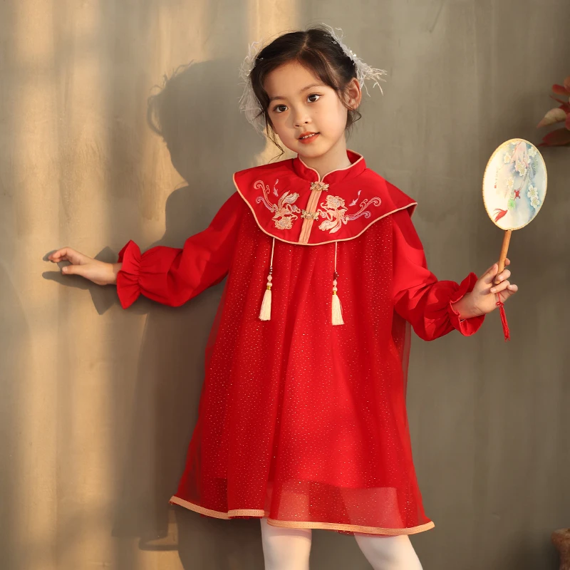 女童汉服连衣裙2025春季新款中国风金鱼刺绣儿童云肩网纱汉服裙子