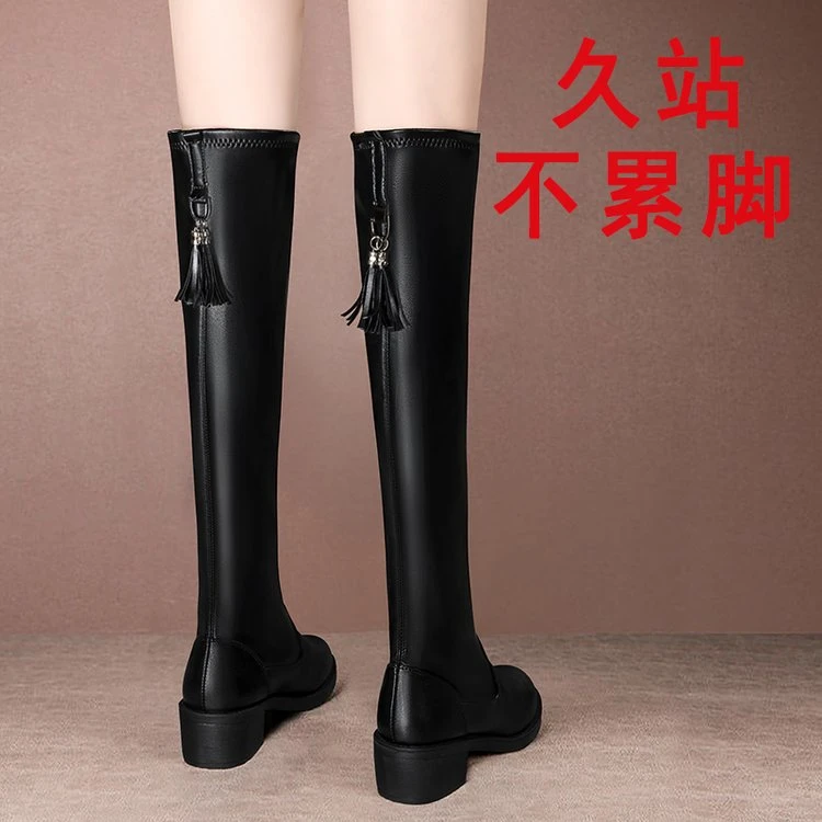 平底皮面过膝靴2024年冬季加绒长靴防滑长筒靴粗跟高跟软皮妈妈鞋