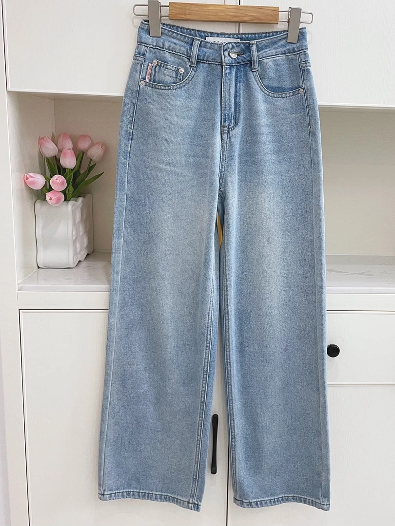 夏季浅蓝色高腰阔腿直筒牛仔裤（小个子定制）